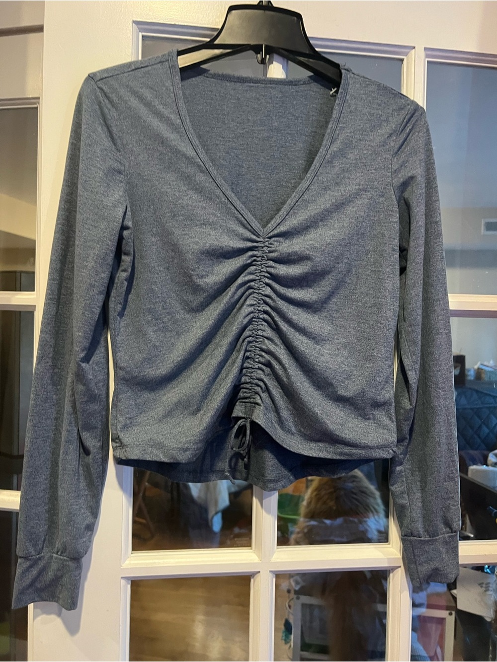 Ruched V-Neck Long Sleeve Tee - Slate Blue